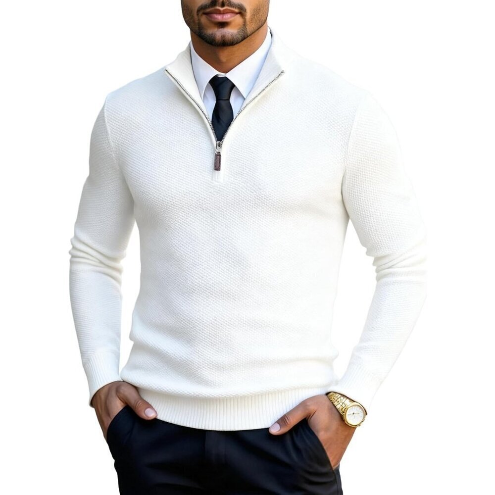 Men's Slim Fit Quarter Zip Pullover Sweater Knit Mock Neck Polo White Sweater
